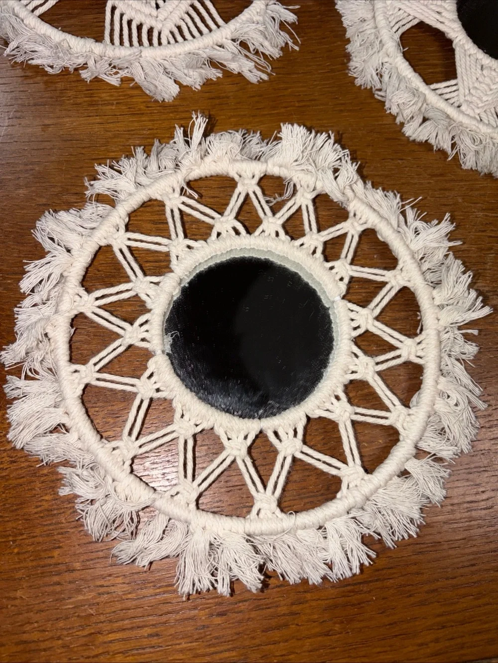 SET OF 3 HANDMADE BOHO OFF WHITE CROCHET/MACRAME MIRROR WALL HANGINGS